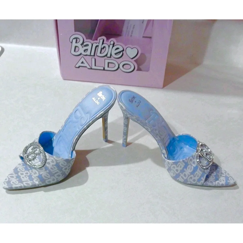 Aldo x Barbie Rhinestone Heels Sz 8.5 Sold Out Limited Edition Pink Logo Mules - Picture 2 of 9
